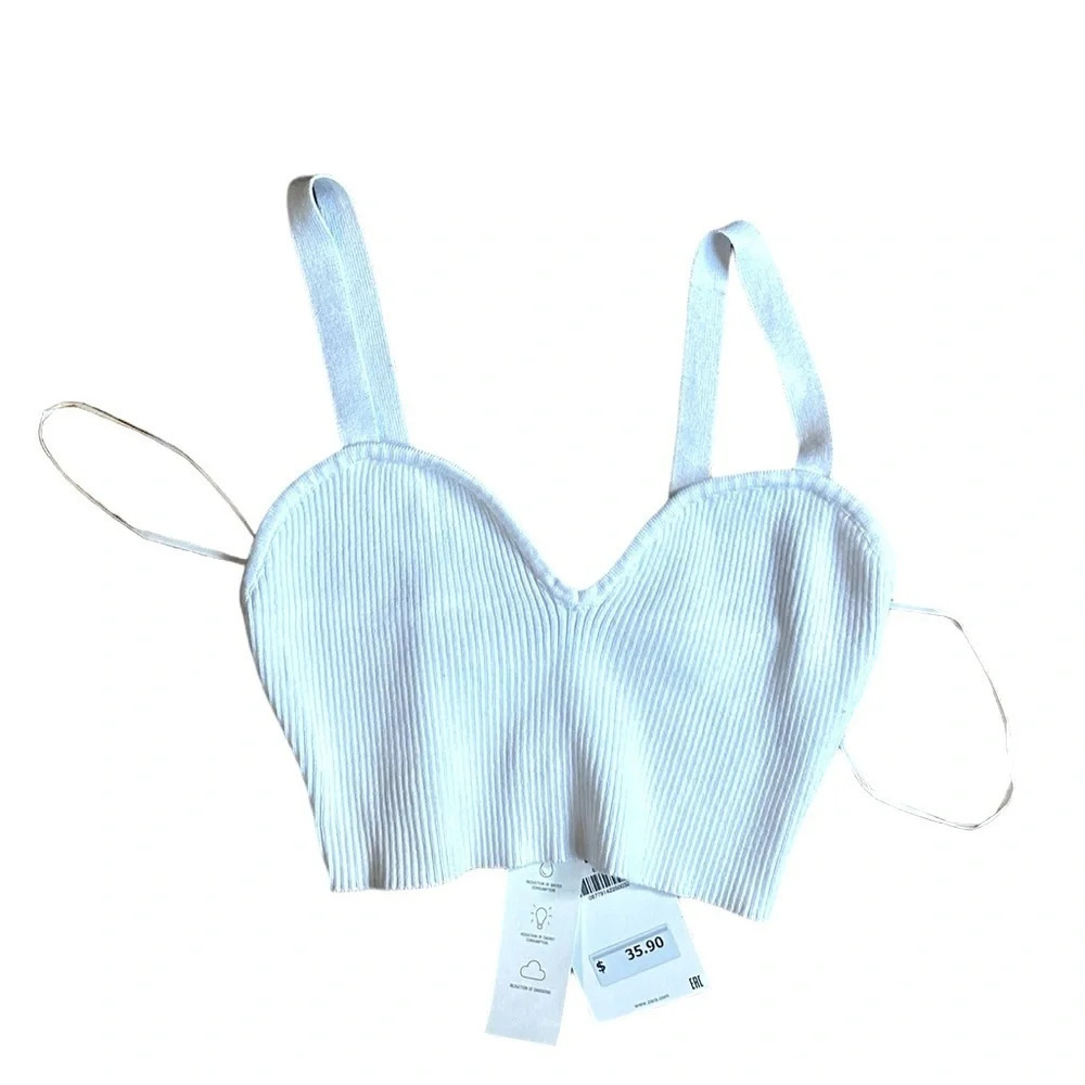 Zara White Knit Crop Top Sweetheart Neckline‎ Size Medium New with Tags